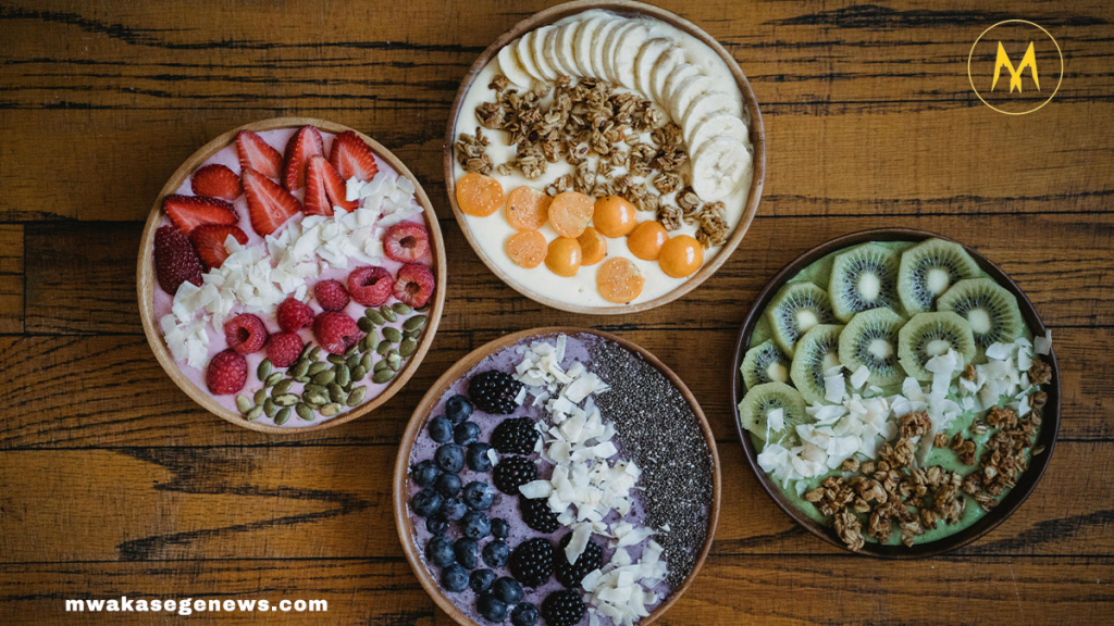 A colorful spread of gut-healing superfoods including kimchi, kefir, chia seeds, and bone broth.