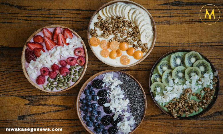 A colorful spread of gut-healing superfoods including kimchi, kefir, chia seeds, and bone broth.