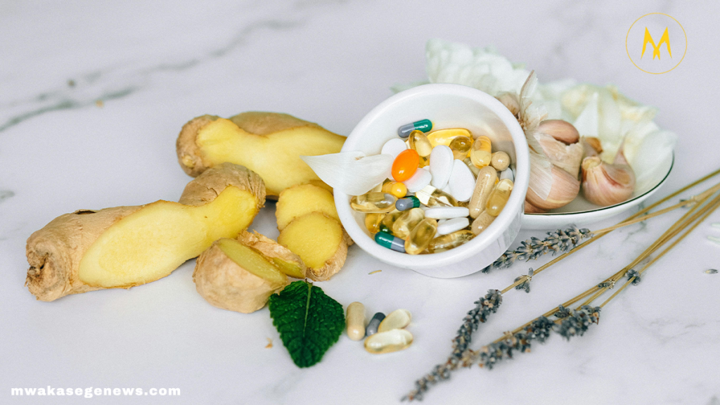 Healthy anti-inflammatory foods including berries, leafy greens, salmon, and turmeric