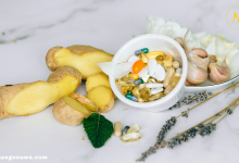 Healthy anti-inflammatory foods including berries, leafy greens, salmon, and turmeric