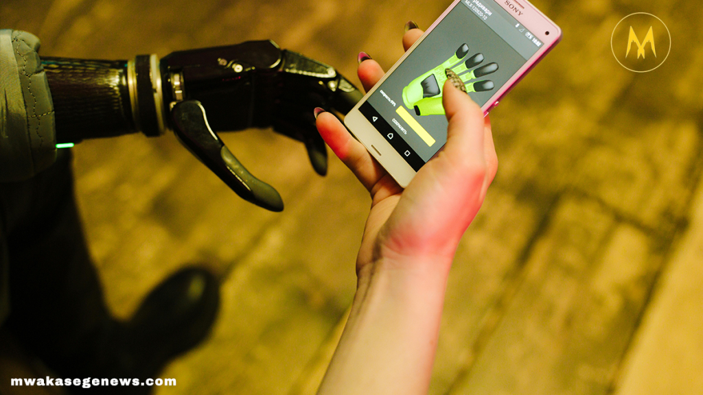 Futuristic AI robot interacting with a smart interface