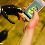 Futuristic AI robot interacting with a smart interface