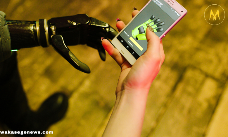 Futuristic AI robot interacting with a smart interface