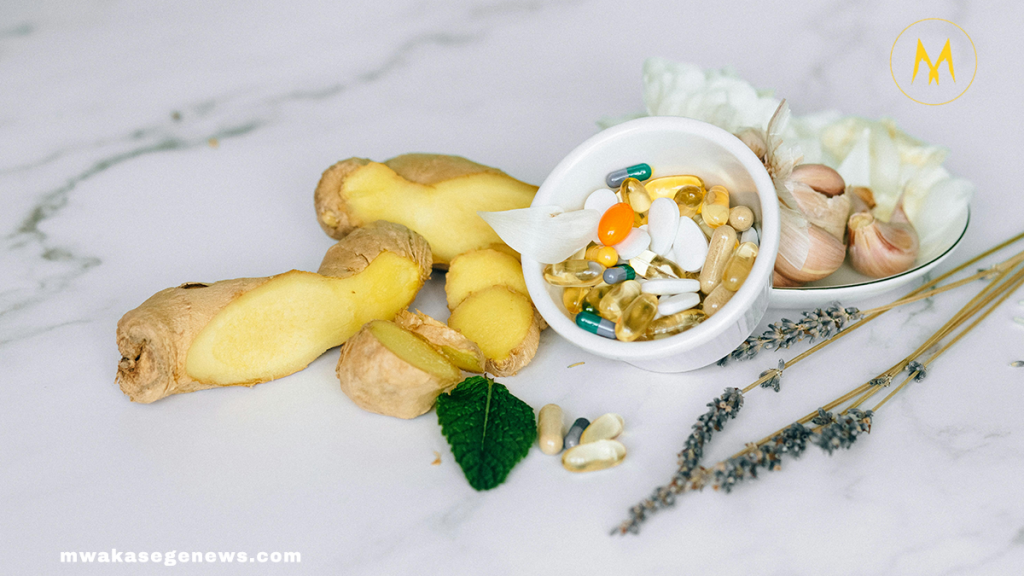 A flat lay of top 10 gut-friendly superfoods like kefir, kimchi, and garlic.