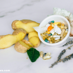 A flat lay of top 10 gut-friendly superfoods like kefir, kimchi, and garlic.