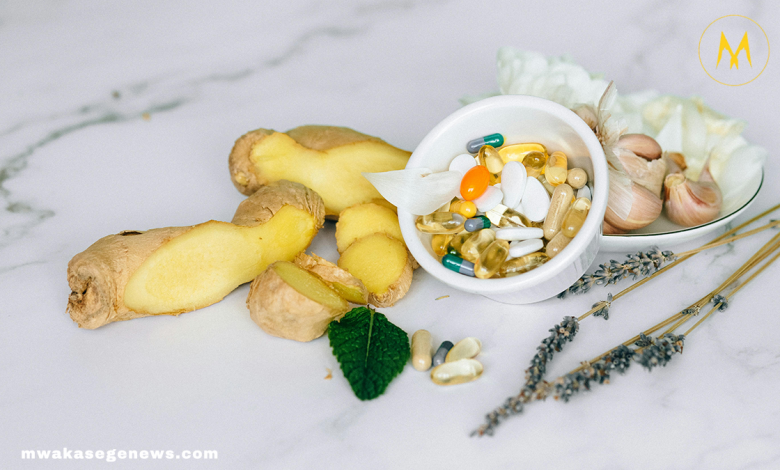A flat lay of top 10 gut-friendly superfoods like kefir, kimchi, and garlic.