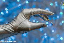 Close-up of a microchip glowing on a circuit board