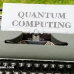 Quantum computing concept with glowing qubits and digital network grid.