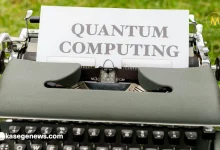 Quantum computing concept with glowing qubits and digital network grid.