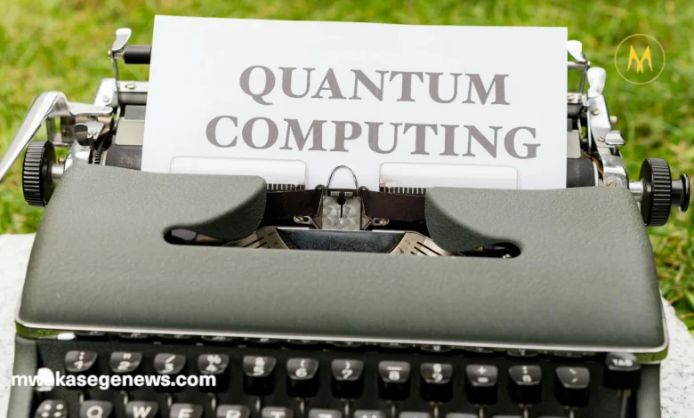 Quantum computing concept with glowing qubits and digital network grid.
