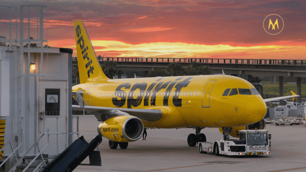 Spirit Airlines airplane taking off at airport