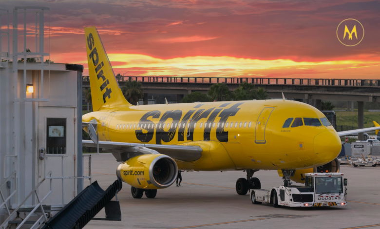 Spirit Airlines airplane taking off at airport