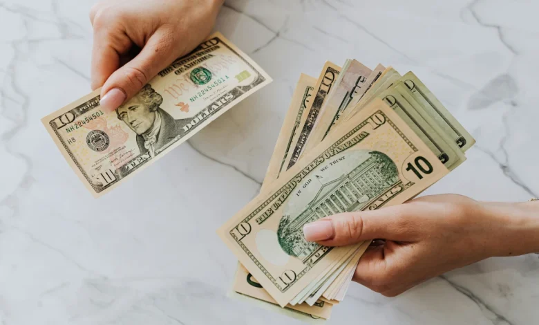 Woman calculating monthly savings at home