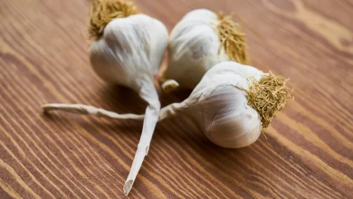 Fresh garlic cloves and bulbs on a wooden table