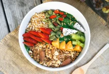 Healthy balanced meal with fruits, vegetables, and whole grains