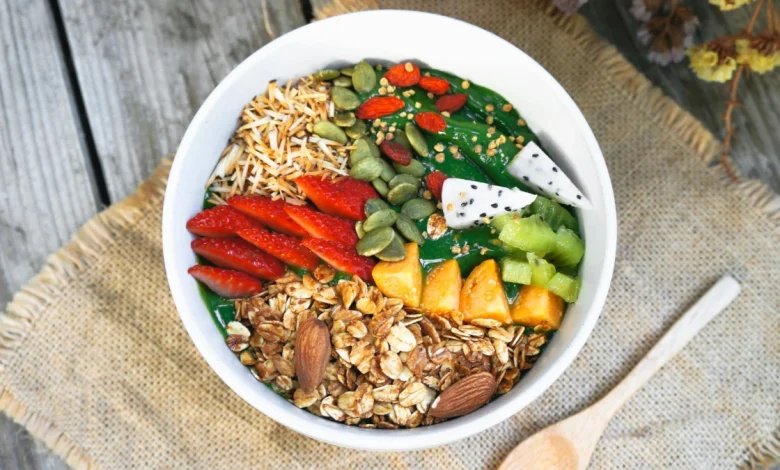 Healthy balanced meal with fruits, vegetables, and whole grains