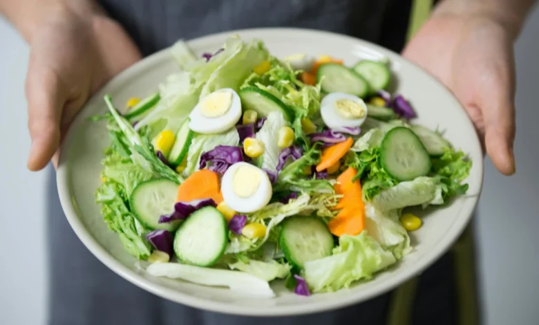 Balanced meal with fruits, vegetables, and grains