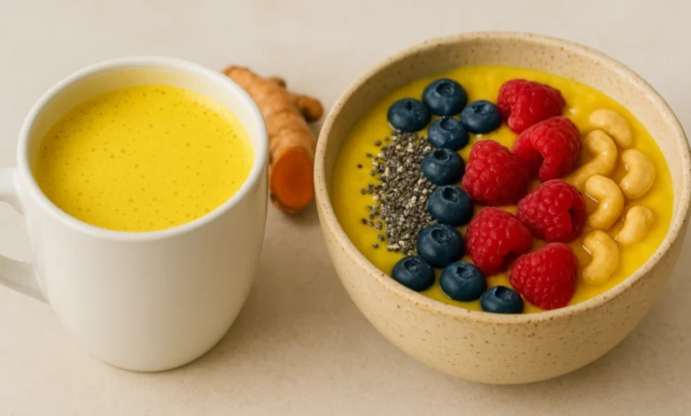 Golden turmeric latte and smoothie bowl on a table