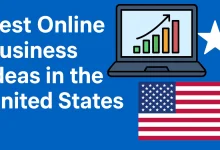 Online business workspace with laptop and notes