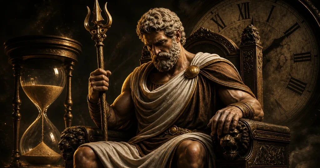 A symbolic Stoic figure reflecting on time, mortality, and intentional living.